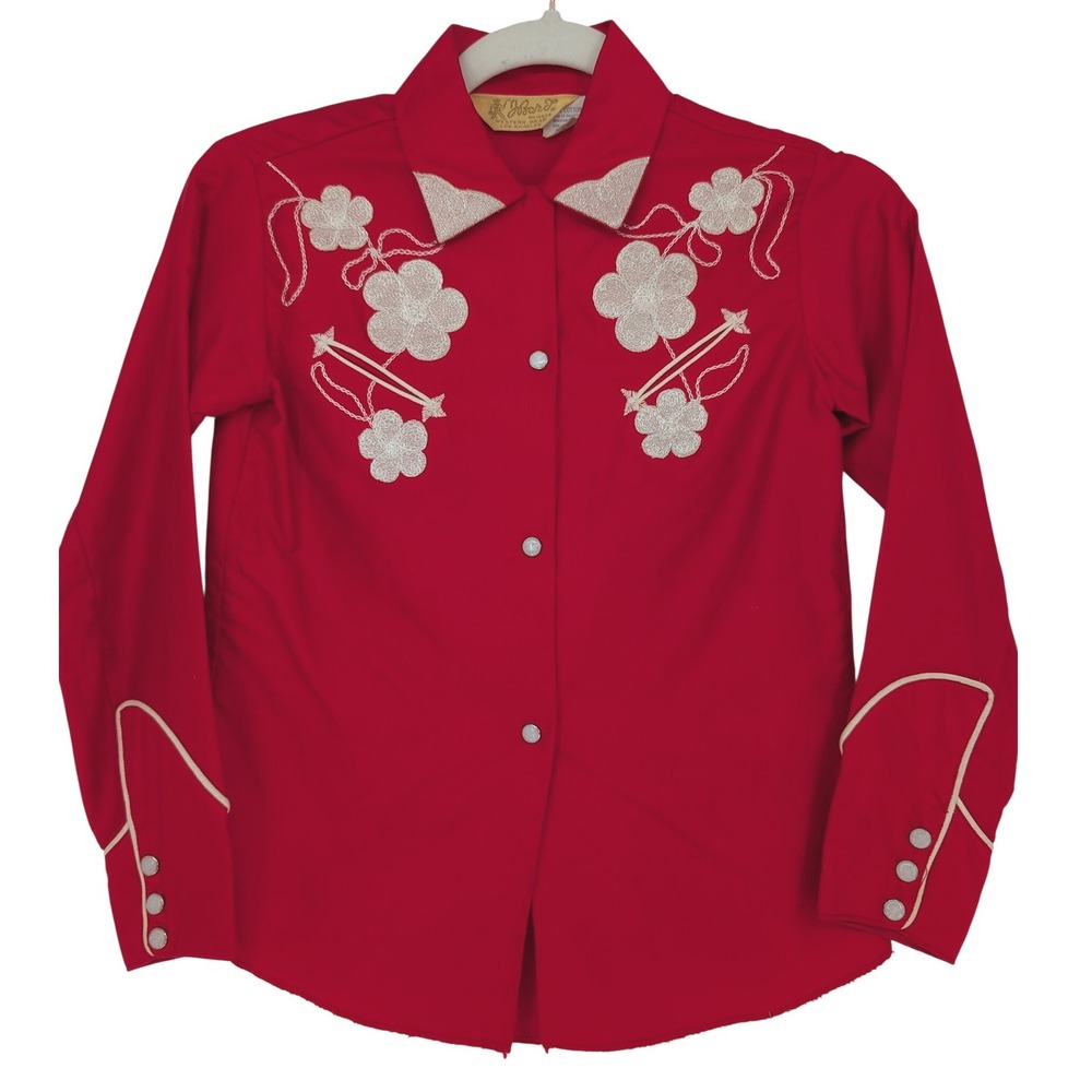 H Bar C Western Shirt Kids 12 Red Floral Embroidered Pearl Snap VTG USA Cowboy